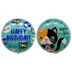 Фольгована кулька Pinan круг "Happy Birthday з котиками" бірюзова 18"(45см) 1шт.