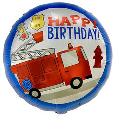 Фольгована кулька Pinan круг "Happy Birthday пожежна машина" синя 18"(45см) 1шт.