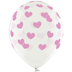 Латексна повітряна кулька 12" (30 см) "Серця великі рожеві" прозора Belbal 25 шт