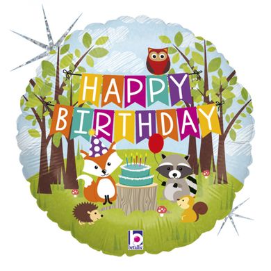 Кулька фольга Grabo коло 18' (45см) анг "Happy Birthday" лісові звірі (1 шт)