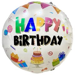 Фольгована кулька Pinan круг "Happy Birthday торт" біла 18"(45см) 1шт.