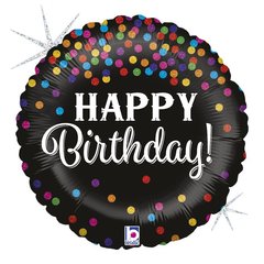 Фольгована кулька круг "Happy Birthday конфеті" чорна Grabo 18"(45см) 1шт.