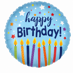 Фольгована кулька круг Pinan "Happy Birthday свічки" блакитна 18"(45см) 1шт.