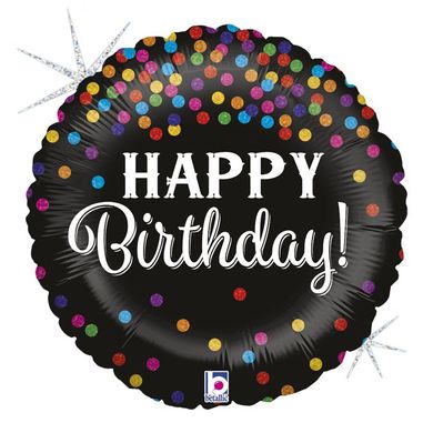 Фольгована кулька круг "Happy Birthday конфеті" чорна Grabo 18"(45см) 1шт.