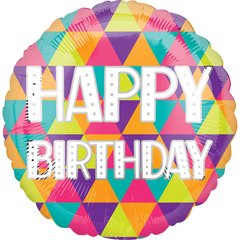 Фольгована кулька Pinan круг "Happy Birthday трикутники" кольорова 18"(45см) 1шт.
