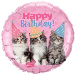 Фольгована кулька круг "Happy Birthday кошенята" рожева Qualatex 18"(45см) 1шт.