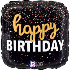 Фольгована кулька квадрат "Happy Birthday конфеті" чорна Grabo 18"(45см) 1шт.