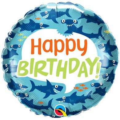 Фольгована кулька круг "Happy Birthday акули" синя Qualatex 18"(45см) 1шт.