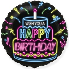 Фольгована кулька круг "Wish you a happy birthday неон" чорна Flexmetal 18"(45см) 1шт.