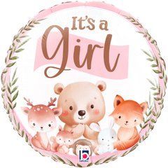 Фольгована кулька круг "It's a girl лісові друзі" рожева Grabo 18" (45см) 1шт.