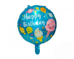 Фольгована кулька Pinan круг "Happy Birthday з льодяниками" блакитна 18"(45см) 1шт.