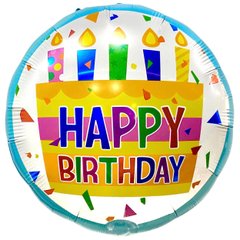 Фольгована кулька Pinan круг "Happy Birthday торт " блакитна 18"(45см) 1шт.