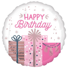 Фольгована кулька Pinan круг "Happy Birthday з подарунками" рожева 18"(45см) 1шт.