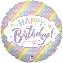 Фольгована кулька круг "Happy Birthday в смужку" кольорова Grabo 18"(45см) 1шт.