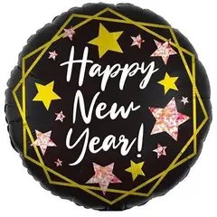 Фольгована кулька Pinan круг "Happy New Year" чорно-золота 18" (45см) 1шт.