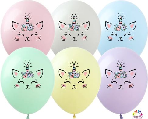 Латексні повітряні кульки 12" (30см.) "Котик-єдиноріг з квіточками" макарун асорті ArtShow 100шт.
