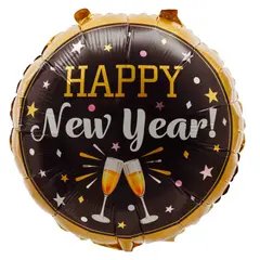 Фольгована кулька Pinan круг "Happy New Year" чорно-золота 18" (45см) 1шт.