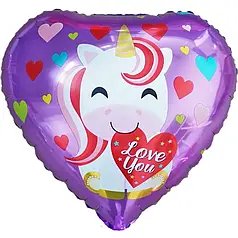 Фольгована кулька серце "Єдиноріг Love you" фіолетова 18" (45 см) 1шт.