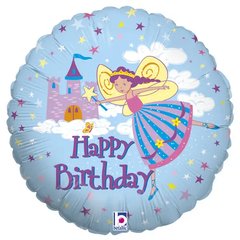 Фольгована кулька круг "Happy Birthday з феєю" рожева Grabo 18"(45см) 1шт.