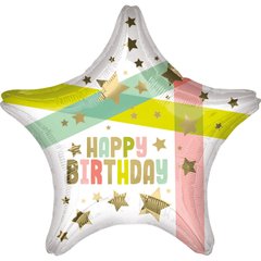 Фольгована кулька Pinan зірка "Happy Birthday полоси кольорові" біла 18"(45см) 1шт.