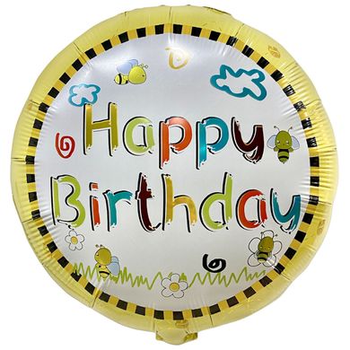 Фольгированный шар 18’ Pinan на День рождения, круг, Happy Birthday, с пчелками, 44 см
