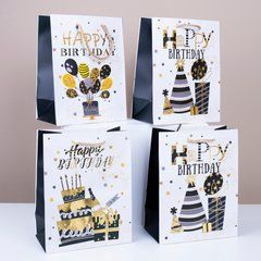 Подарунковий пакет "Happy Birthday" із золотими вставками M (25х32х11см) 12 шт.