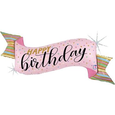 Фольгована кулька фігура "Happy Birthday банер" рожева Grabo 46х122см (1шт).