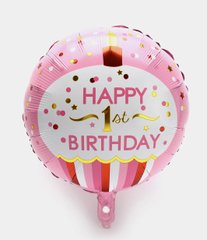 Фольгована кулька Pinan круг "Happy 1st birthday" рожева 18"(45см) 1шт.