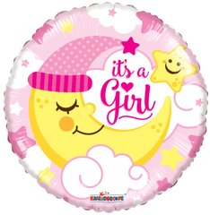 Фольгована кулька Pinan круг "It’s a girl з місяцем" рожева 18"(45см) 1шт.