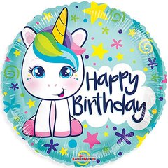 Фольгована кулька Pinan круг "Happy Birthday єдиноріг" бірюзова 18"(45см) 1шт.