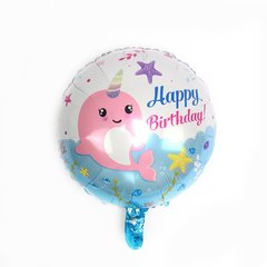Фольгована кулька Pinan круг "Happy Birthday нарвал" рожева 18"(45см) 1шт.