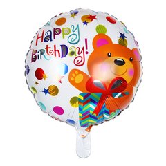 Фольгована кулька Pinan круг "Happy Birthday з ведмедиком " біла 18"(45см) 1шт.