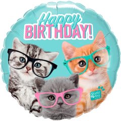 Фольгована кулька круг "Happy Birthday кошенята" бірюзова Qualatex 18"(45см) 1шт.