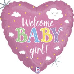 Фольгована кулька серце "Welcome baby girl" рожева Grabo 18"(45см) 1шт.