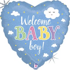 Фольгована кулька серце "Welcome baby boy" блакитна Grabo 18"(45см) 1шт.
