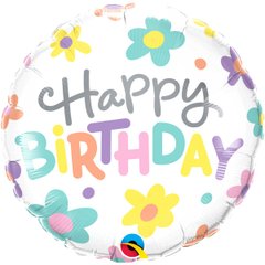 Фольгована кулька круг "Happy Birthday ромашки" біла Qualatex 18"(45см) 1шт.