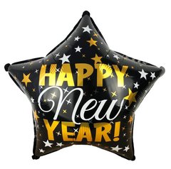 Фольгована кулька Pinan зірка "Happy New Year"з зірочками чорна 18"(45см) 1шт.