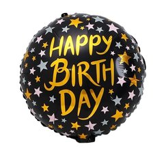 Фольгована кулька Pinan круг "Happy Birthday з зірочками " чорна 18"(45см) 1шт.