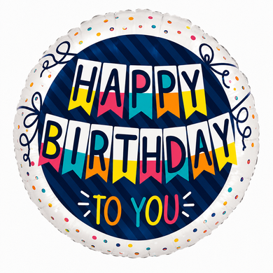 Фольгована кулька круг "Happy Birthday to you прапорці" синя 18"(45см) 1шт.
