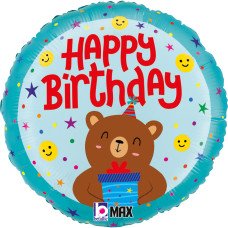 Фольгована кулька круг "Happy Birthday ведмедик" бірюзова Grabo 18"(45см) 1шт.