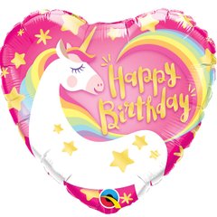 Фольгована кулька серце "Happy Birthday єдиноріг" рожеве Qualatex 18"(45см) 1шт.